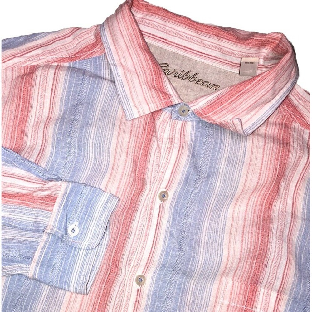 Caribbean Shirt Men's XXL Tall 2XT Pink Blue White Striped Linen Blend
